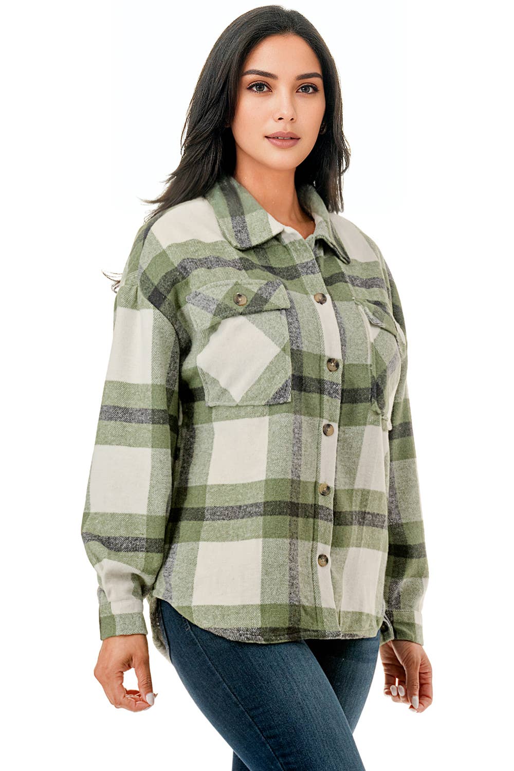 Green tone plaid flannel shacket  w/fur lined warm jacket