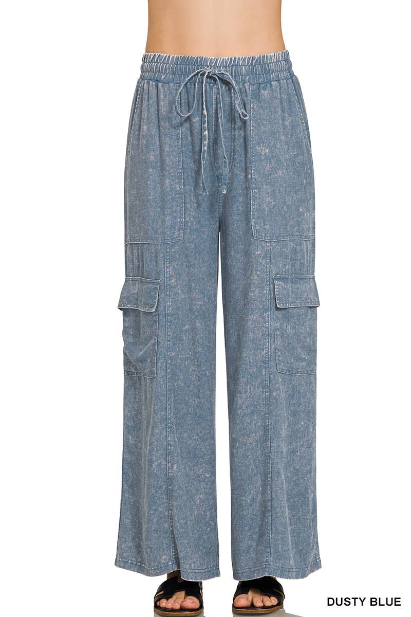 Acid Wash Drawstring Elastic Band Waist Pants: DUSTY BLUE