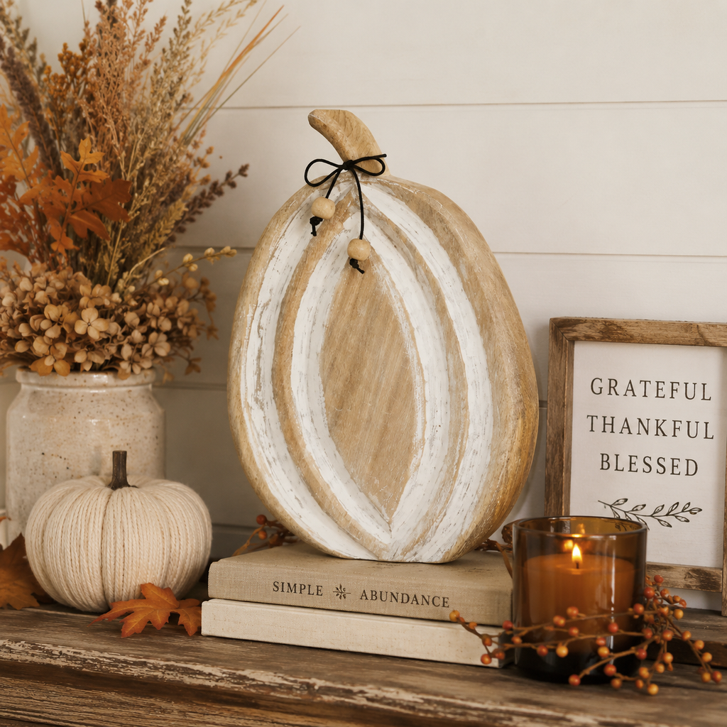 Wooden Mango Wood White Pumpkin Figurine Fall Decor 12"