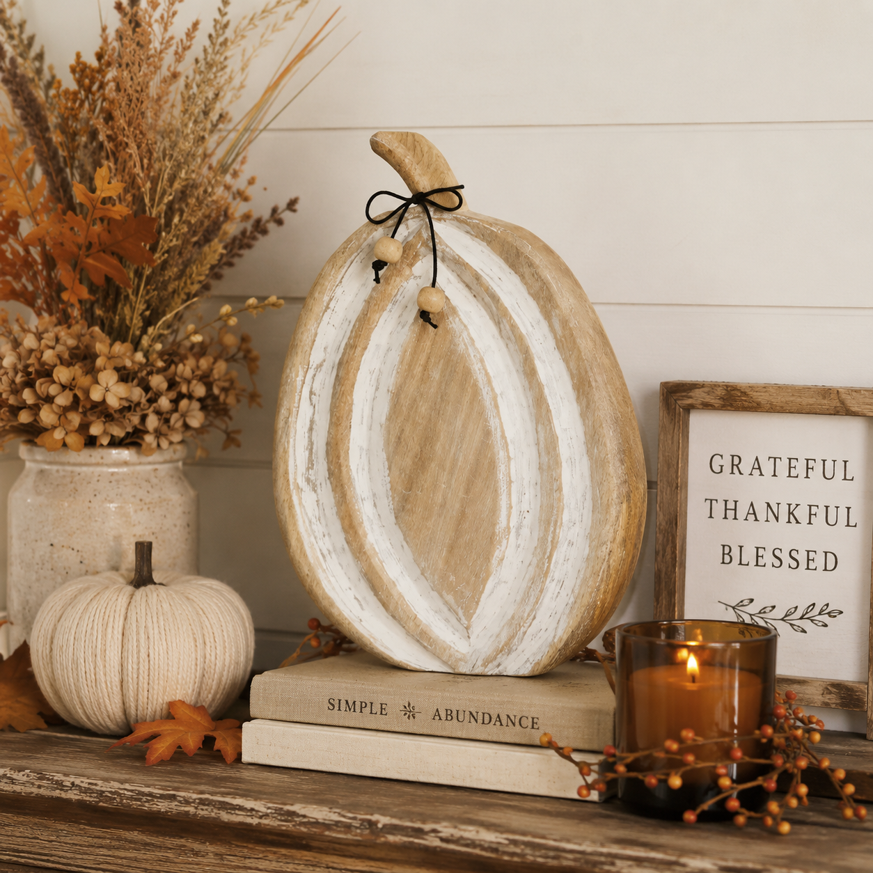 Wooden Mango Wood White Pumpkin Figurine Fall Decor 12"