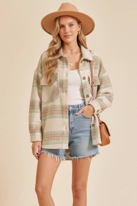 Plaid Shacket: Taupe/Sage