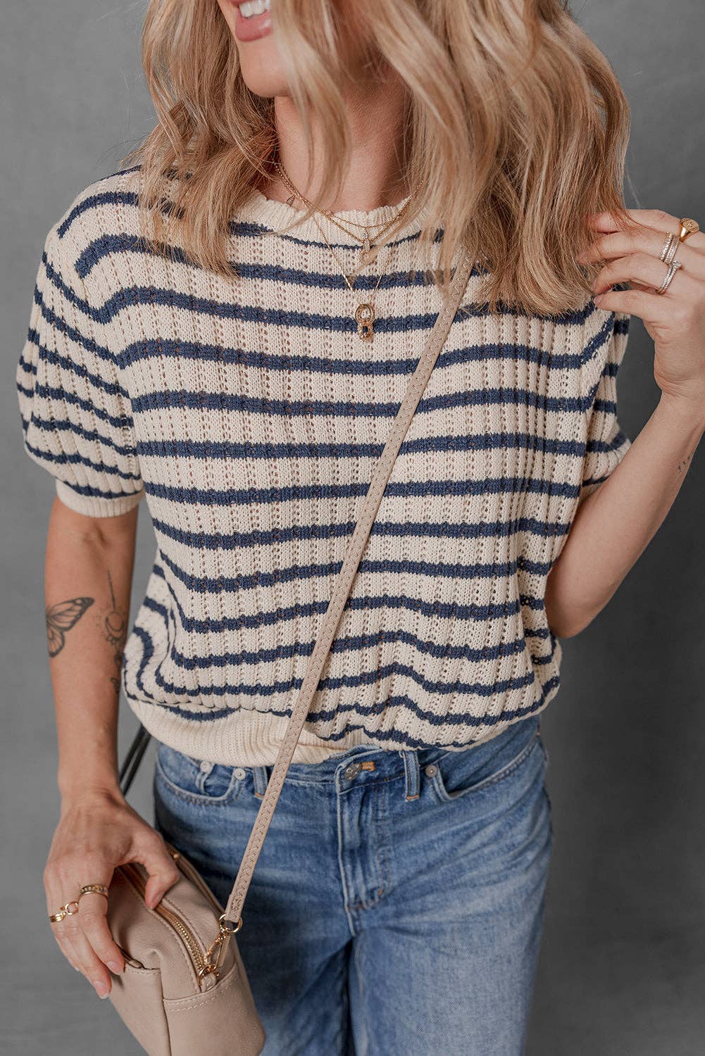 Crew Neck Short Puff Sleeve Sweater: blue