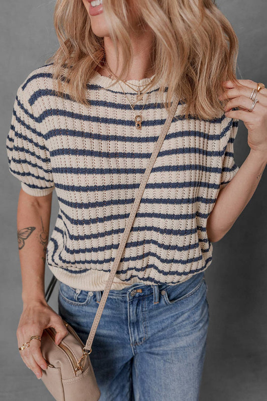 Crew Neck Short Puff Sleeve Sweater: blue