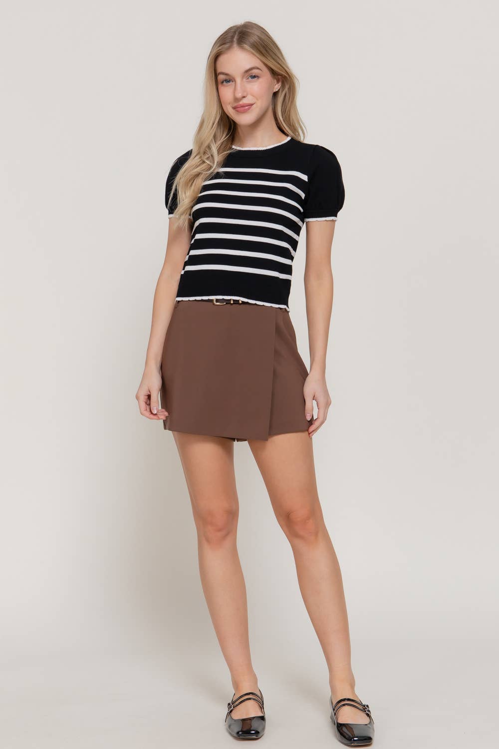 Crew Neck Scallop Front Stripe Sweater