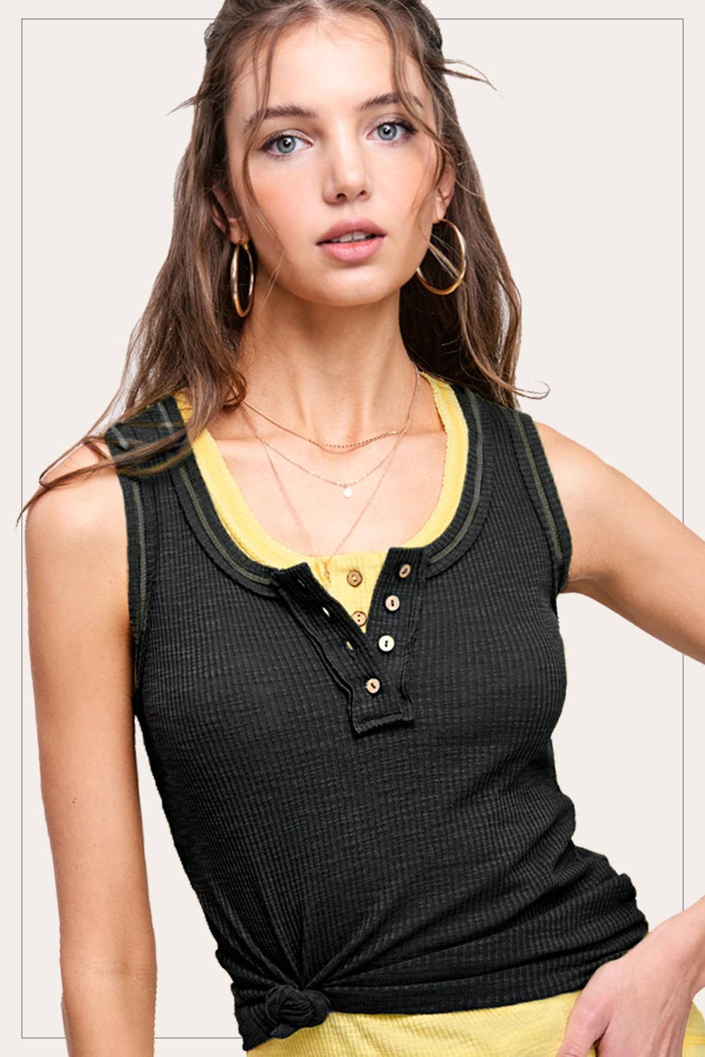 Ribbed Fabric Stitched Detail Henley Tank Top