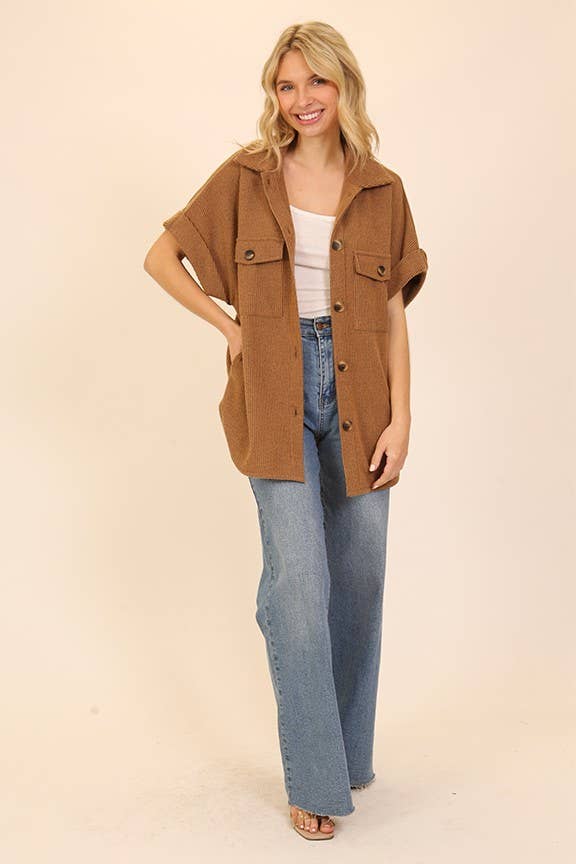 Brushed Waffle Button Down Jacket: Mocha