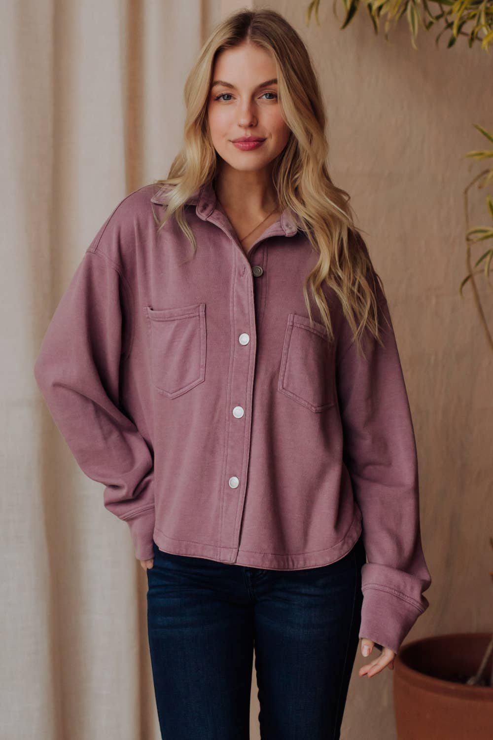 Lavender Cropped Washed Soft Button Up