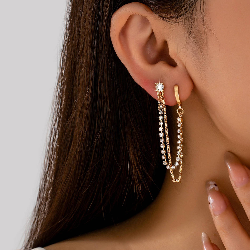 Rhinestone & Gold Double Chain Drapes Drop Earrings: GOLD