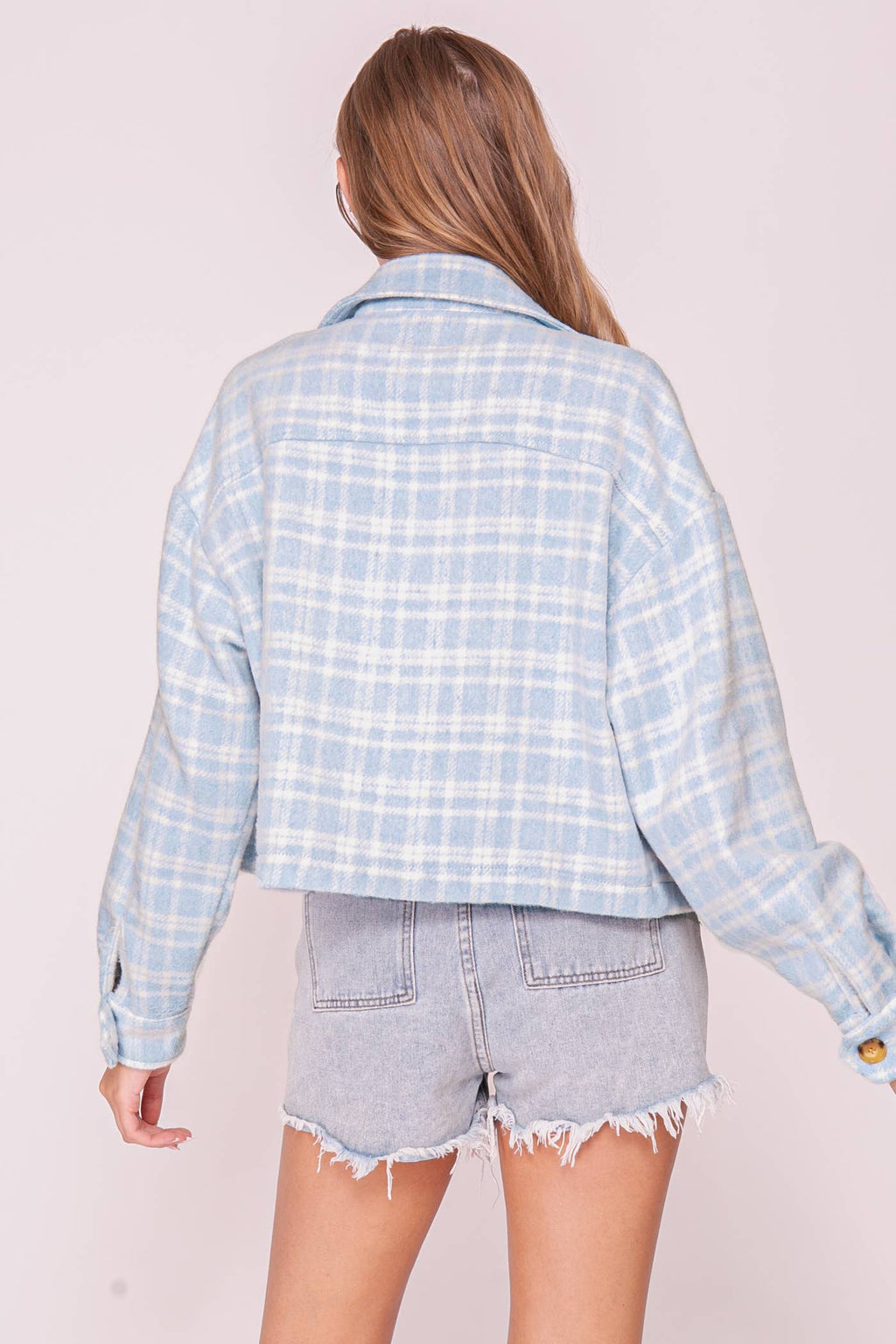 Plaid Button Front Shacket: Lt blue