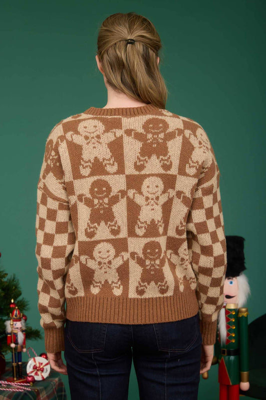 CHECKERED GINGERBREAD JACQUARD KNIT SWEATER