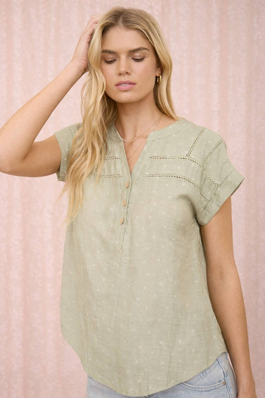 POLKA DOT LACE TRIM HALF BUTTON TOP : LIGHT OLIVE