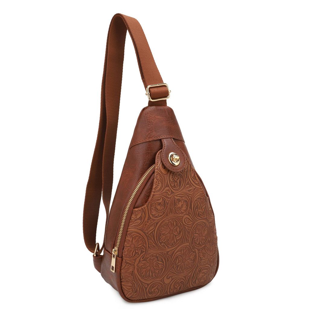 Jacqueline Paisley Tooling Embossed Sling Bag with Turnlock: Brown