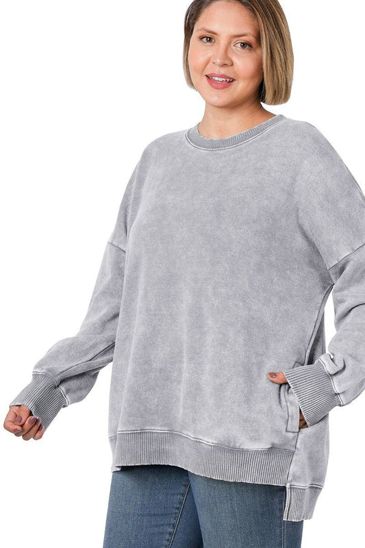 Acid Wash Fleece Hi Low Hem Pullover With Pockets SLEET