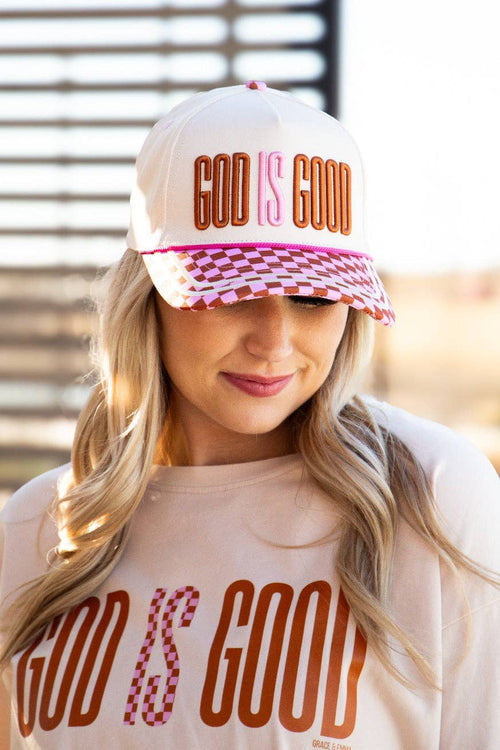 "God is Good" on Tan Hat with Checkered Bill: Tan / One Size