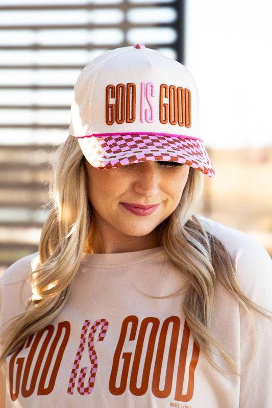"God is Good" on Tan Hat with Checkered Bill: Tan / One Size