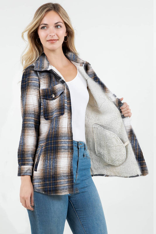 Blue and Tan checker plaid fur flannel shacket with pockets