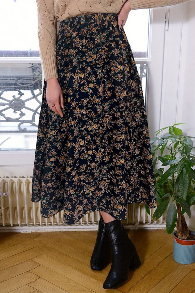 COMMUTER PLEATED FLORAL SKIRT: NAVY