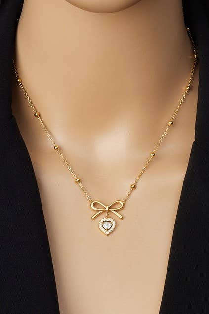 18K STAINLESS STEEL TARNISH FREE BOW NECKLACE: GOLD