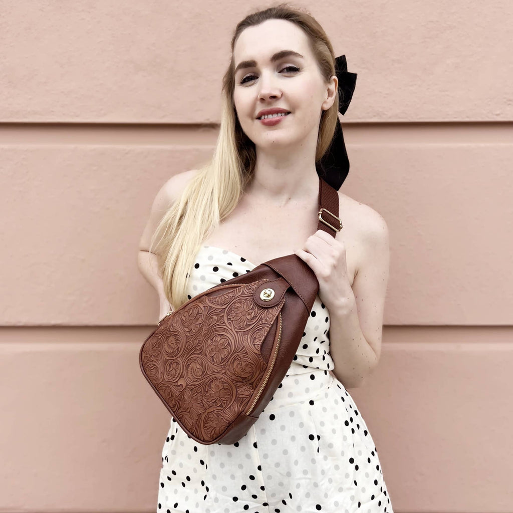 Jacqueline Paisley Tooling Embossed Sling Bag with Turnlock: Brown