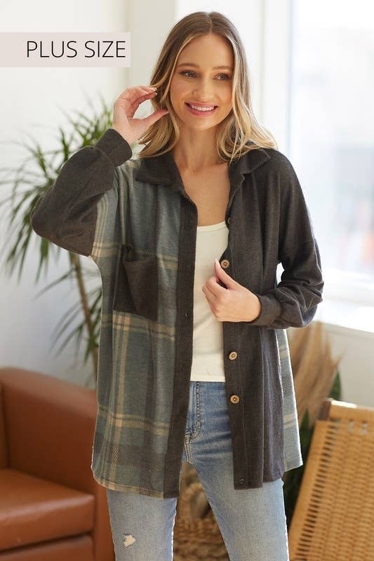 Plaid Colorblock Shacket: TEAL