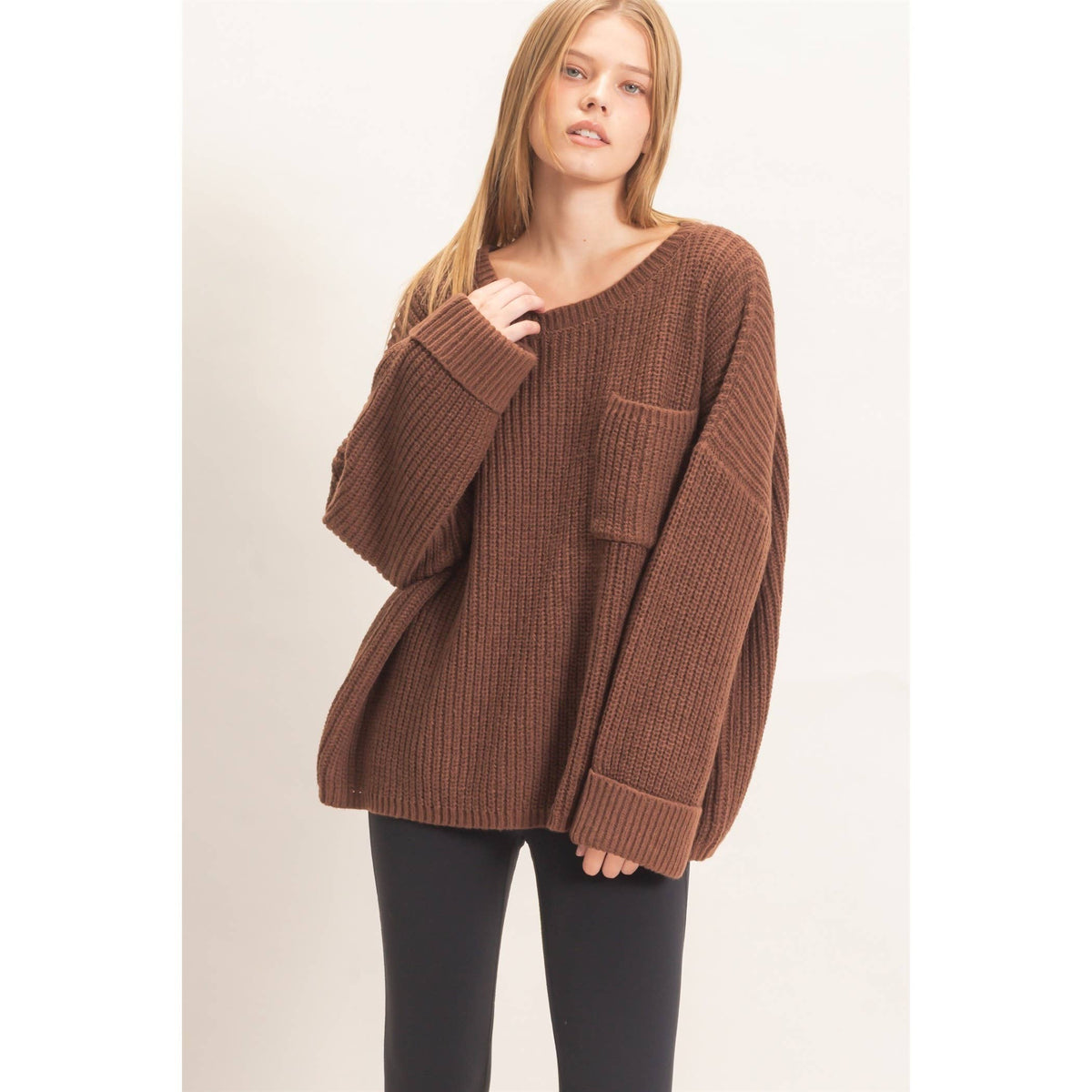 Ribbed Knit Patch Pocket Sweater: BROWN