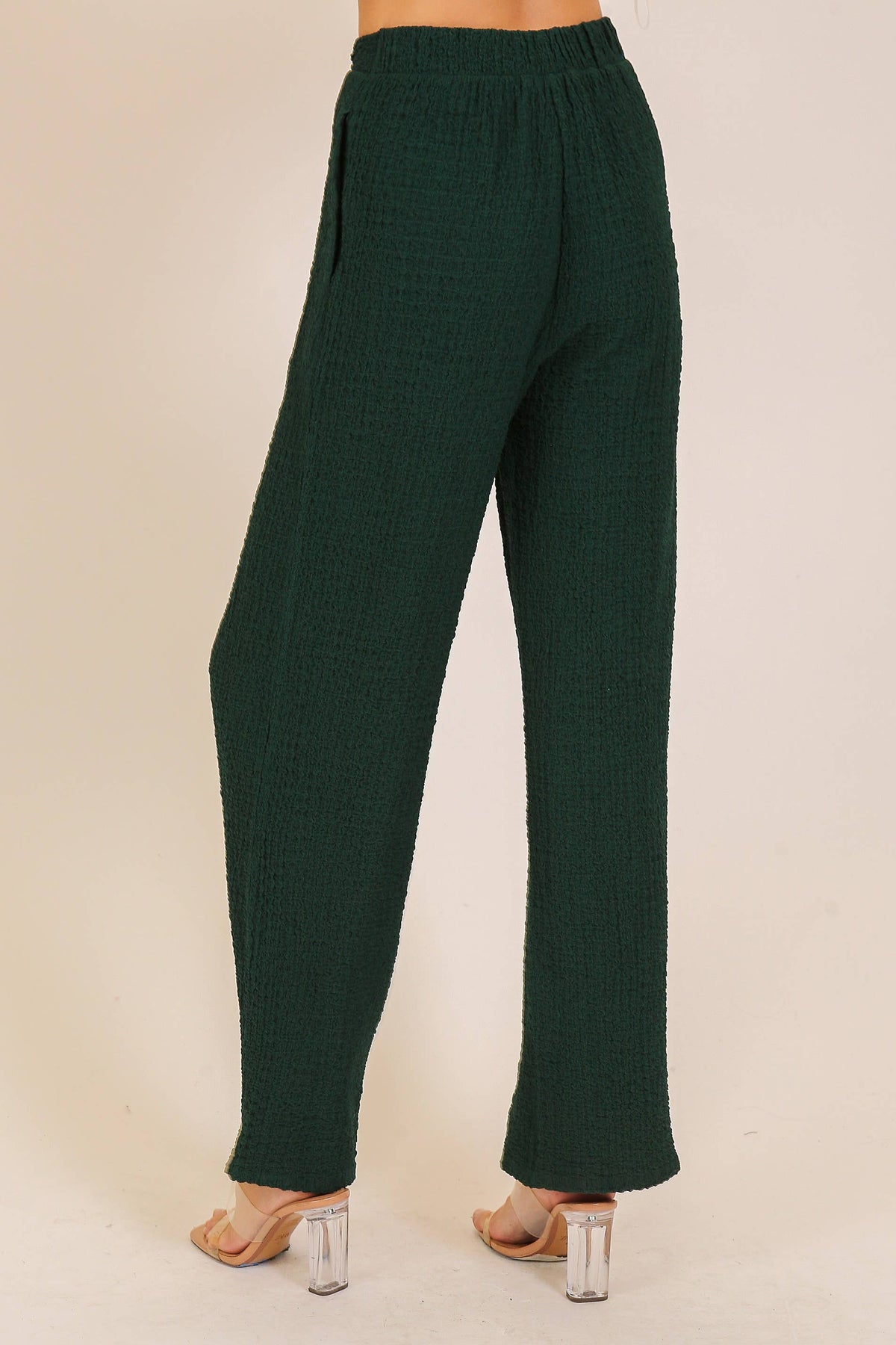 Textured Wide-Leg Elastic Waist Pants: Hunter Green