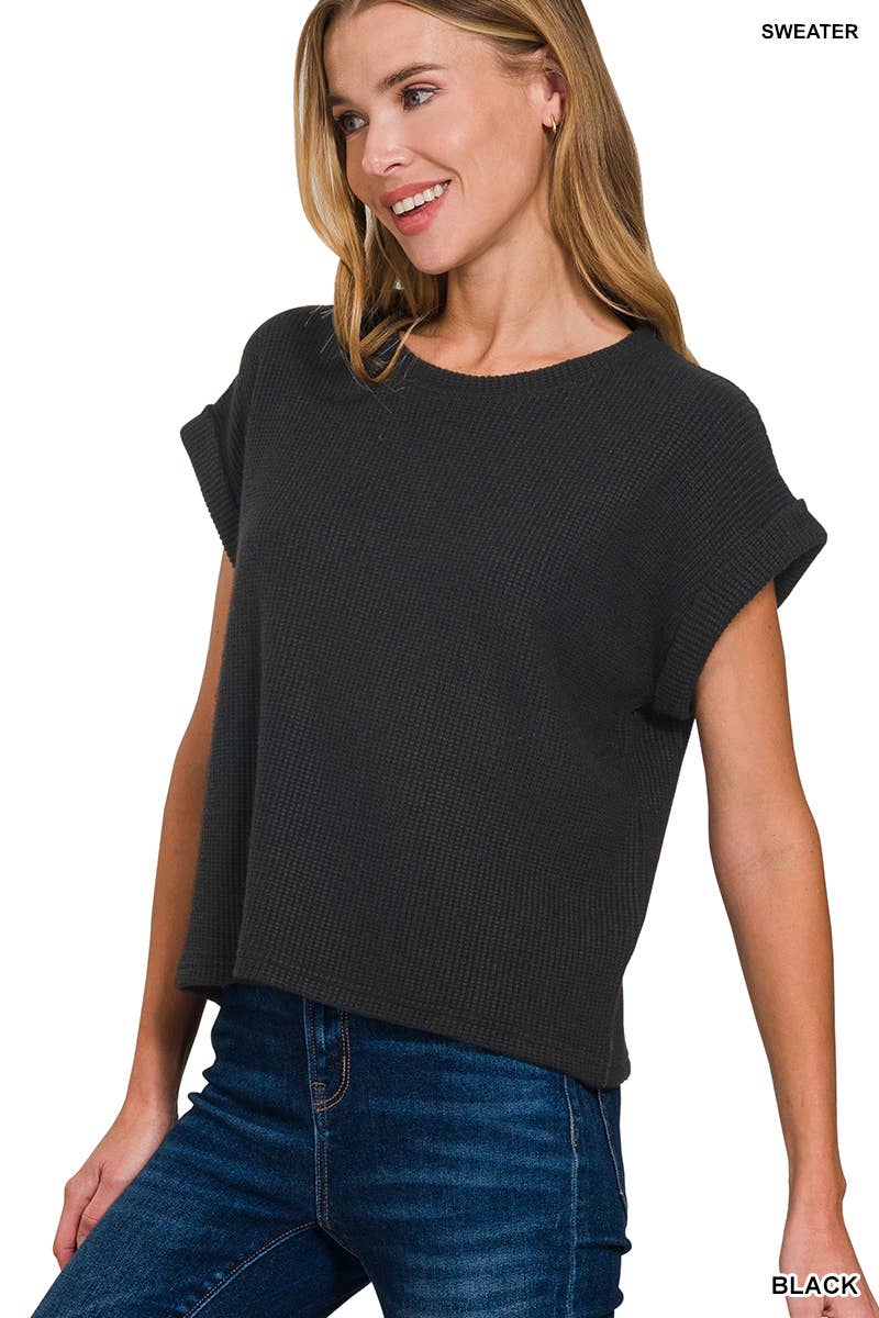 Short Sleeve Crew Neck Sweater -BLACK