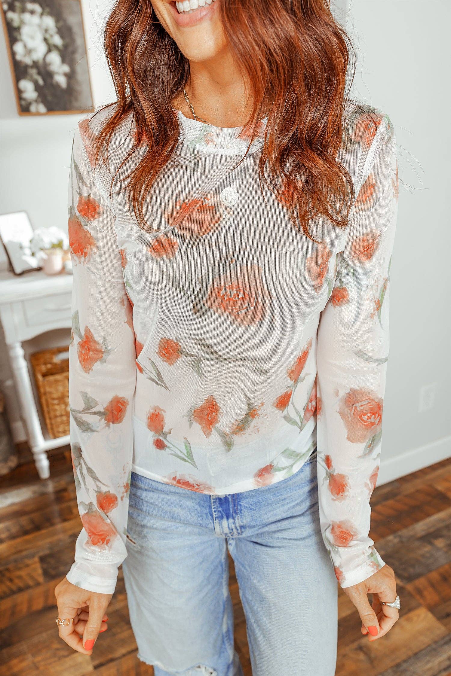 Floral Print Mesh Long Sleeve Top