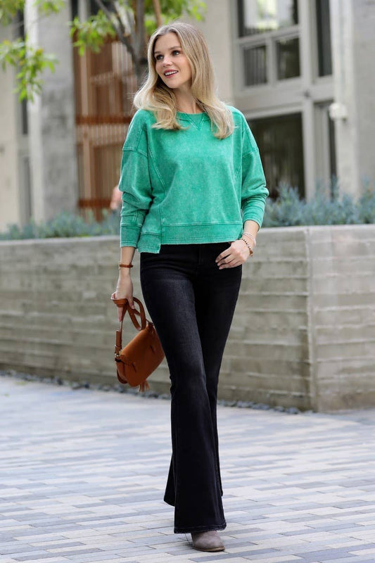 FRENCH TERRY ACID WASH PULLOVER: GREEN