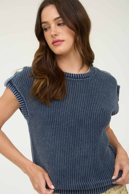 KNIT TAB SLEEVE PULLOVER SWEATER: NAVY