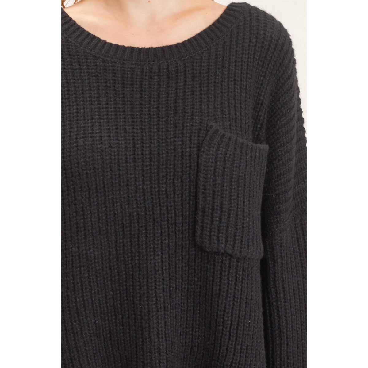 Ribbed Knit Patch Pocket Sweater: BLACK
