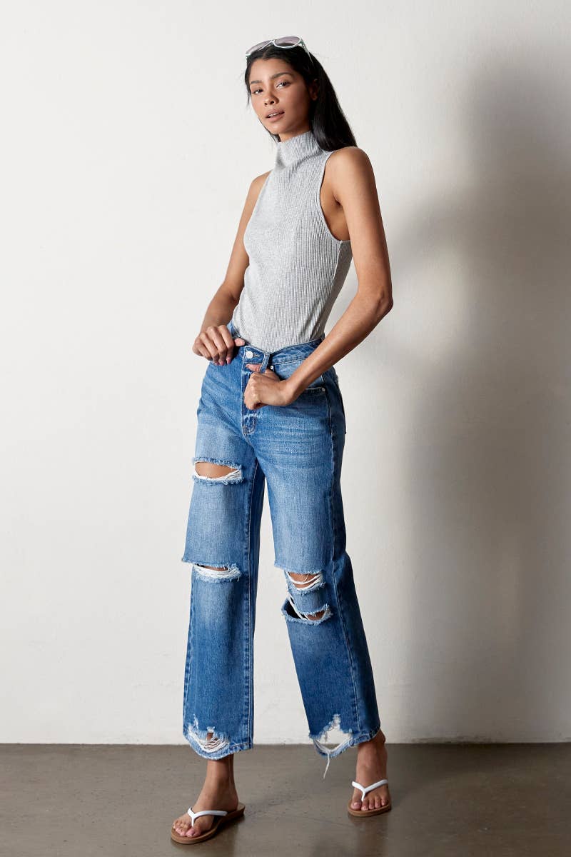High Rise Destructed Straight Jeans: AGED DARK