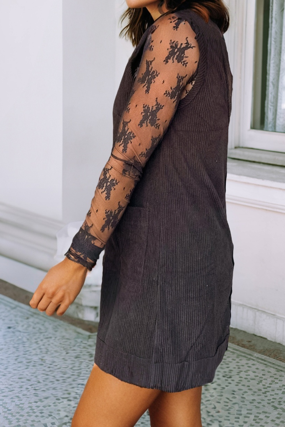 Corduroy Sleeveless Patched Pockets Dress: