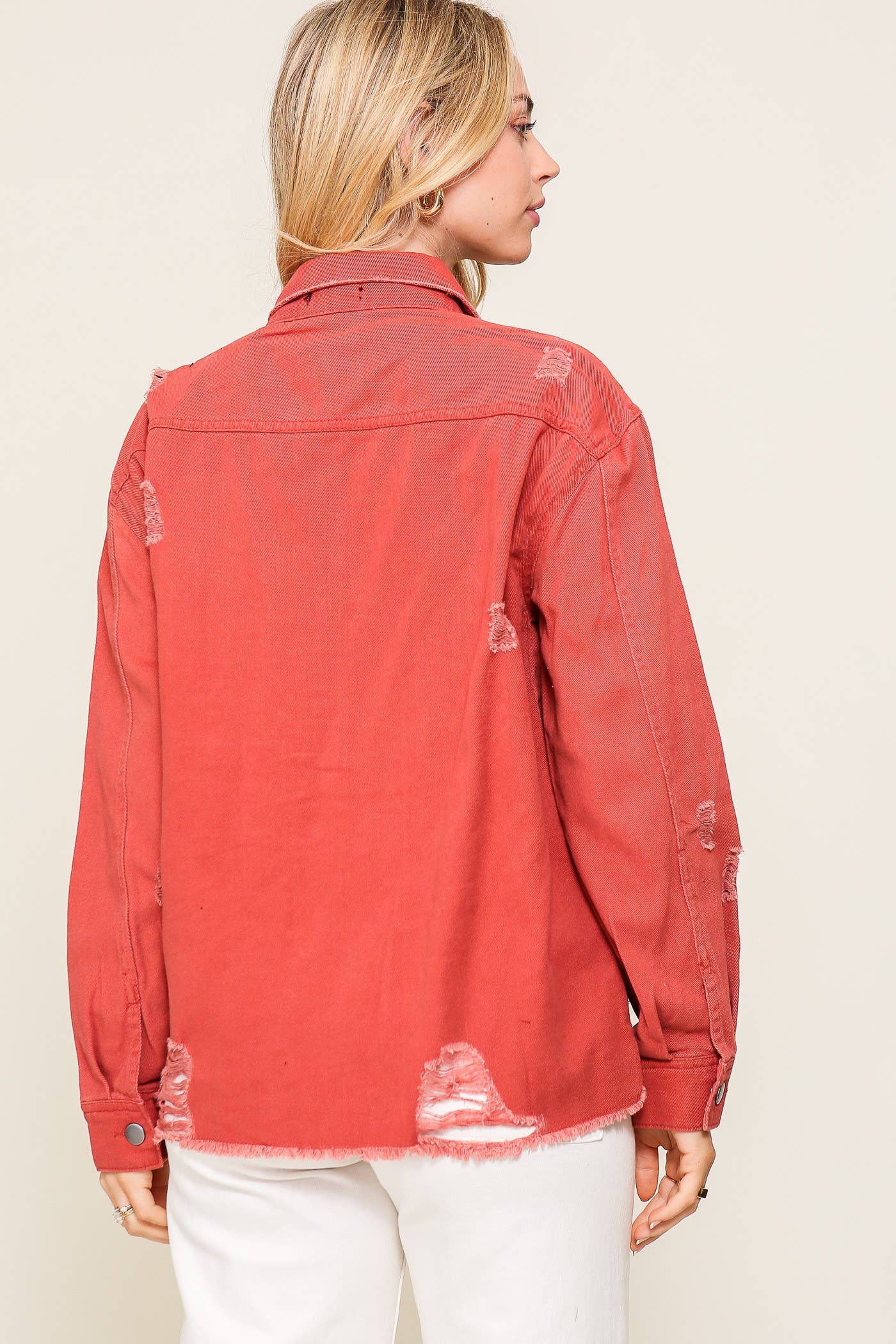 Distressed Oversized Denim Jacket :Mauve