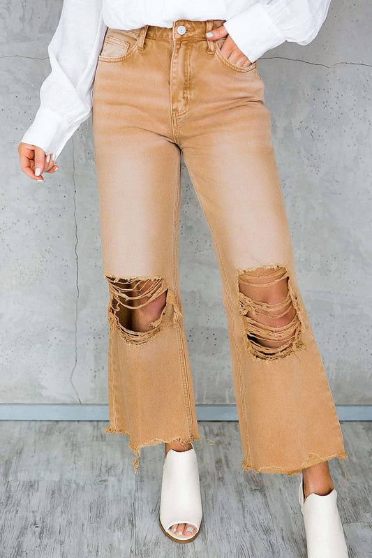 Distressed Hollow-out High Waist Cropped Flare Jeans: Brown / 10