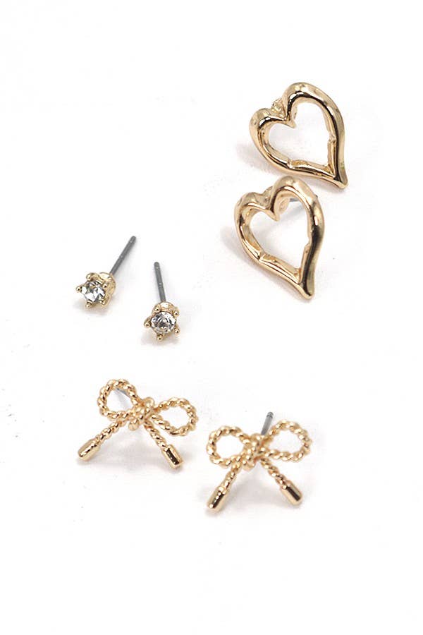 BOW HEART CHARM STUD TRIO EARRINGS: GOLD