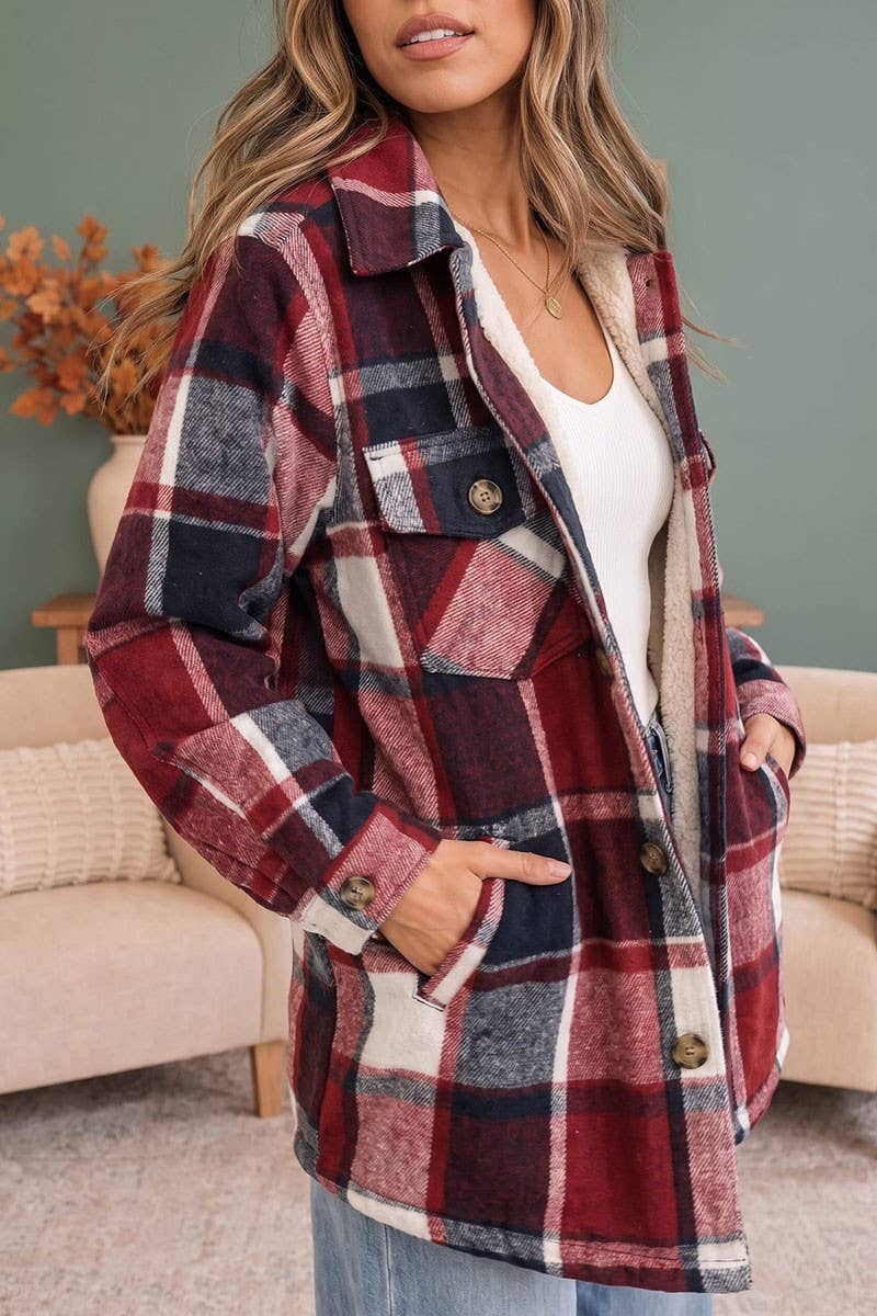 Wine Plaid Sherpa Lined Shacket