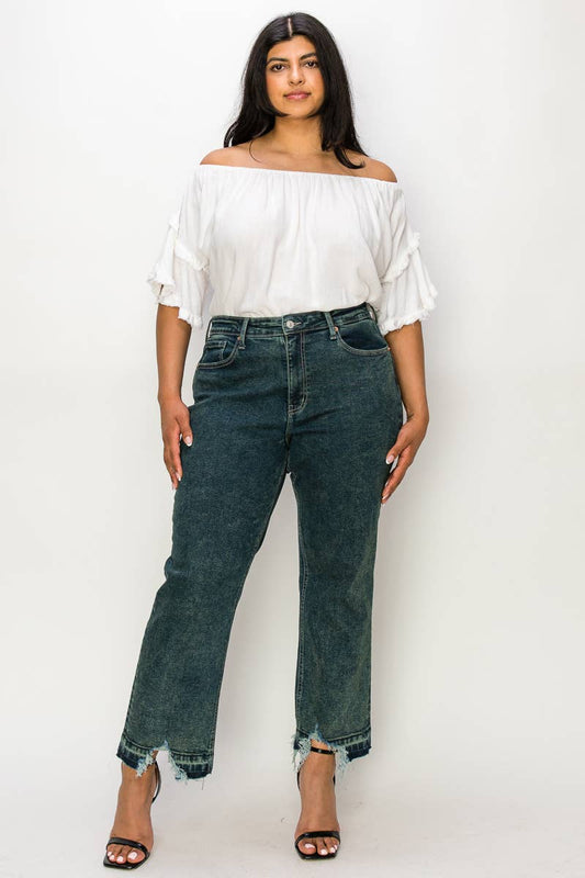 HIGH RISE STRETCH JEANS - BLEACH & OLIVE DYED