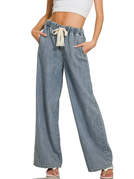Wide Leg Drawstring Elastic Waistband Denim Pants