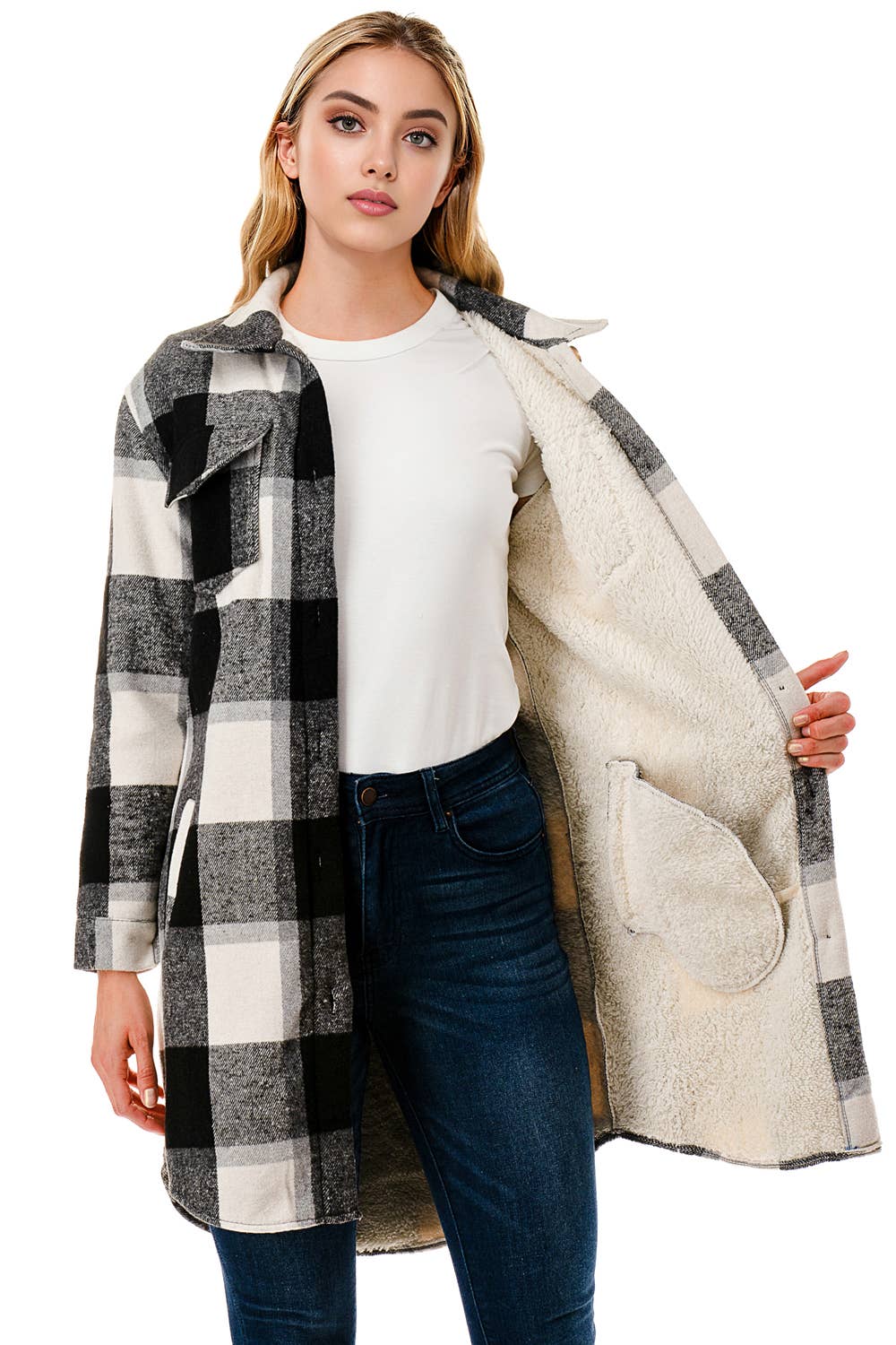 Fur lined long fit flannel jacket