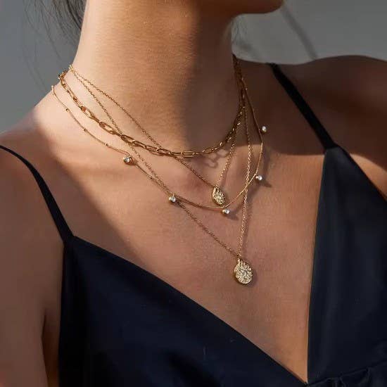MULTI LAYER STONE CHAIN TEARDROP CHARM NECKLACE: GOLD