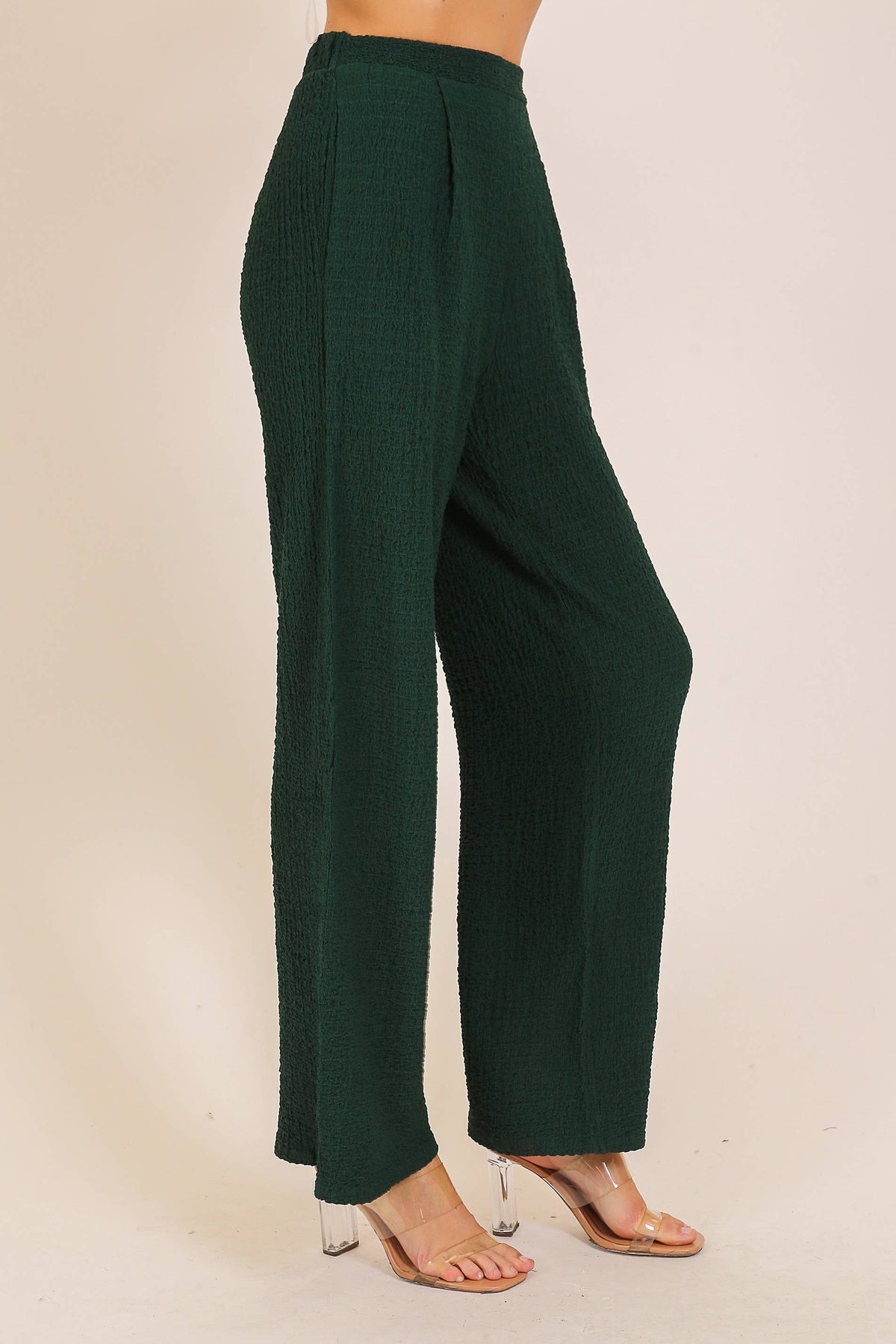 Textured Wide-Leg Elastic Waist Pants: Hunter Green