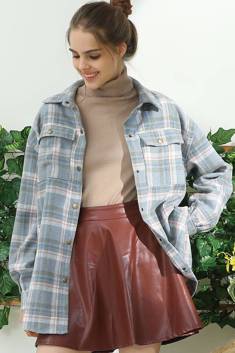 FLANNEL PLAID SHACKET: DUSTYBLUE