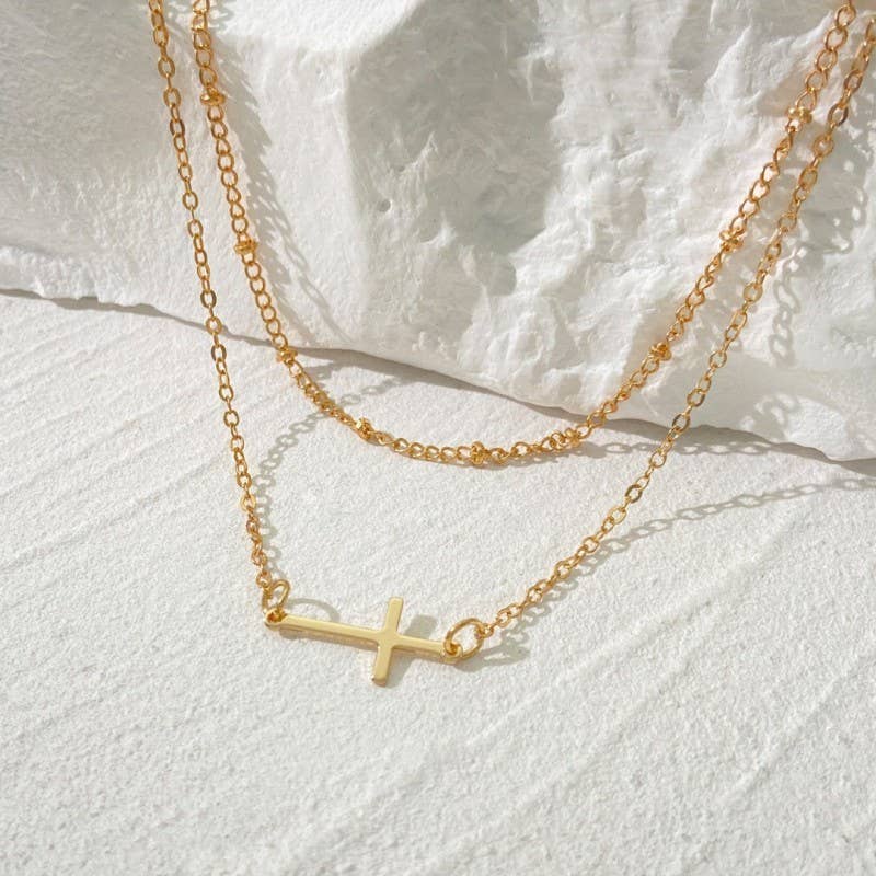 18K STAINLESS STEEL TARNISH FREE CROSS NECKLACE: GOLD