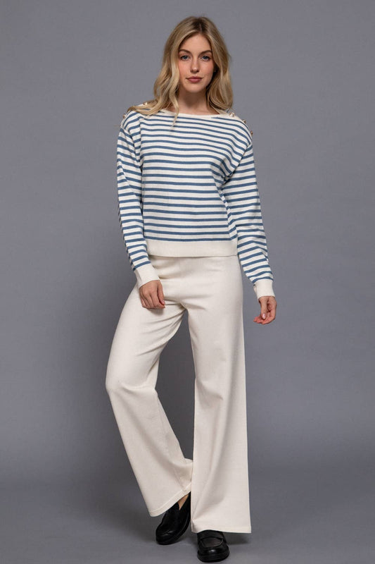 Buttoned Shoulder Stripe Sweater