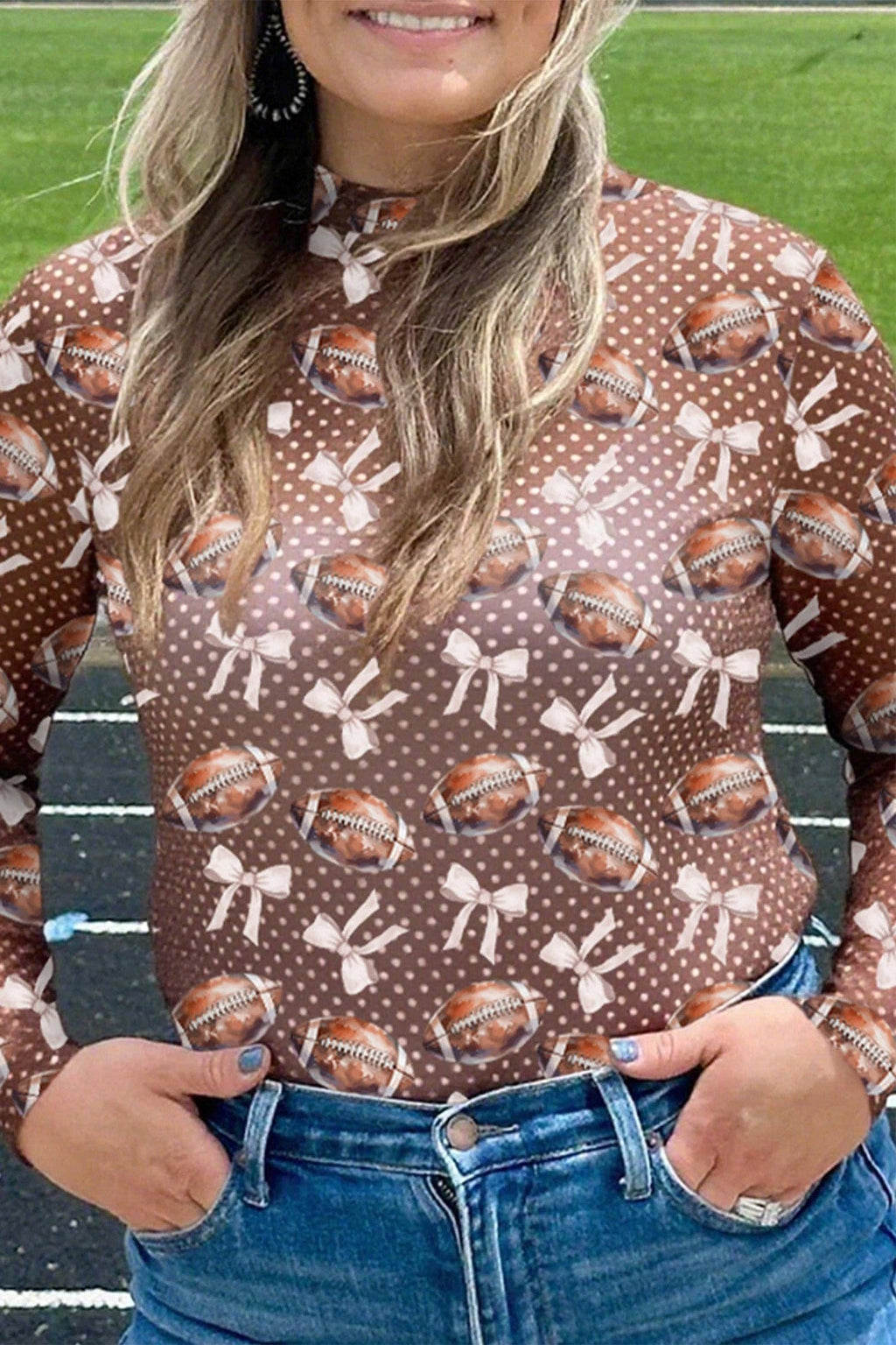 Brown Polka Dot Bow Football Mesh Long Sleeve Top