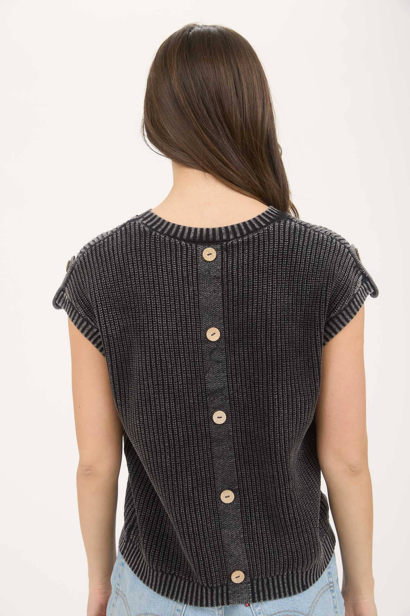 KNIT TAB SLEEVE PULLOVER SWEATER: CHARCOAL