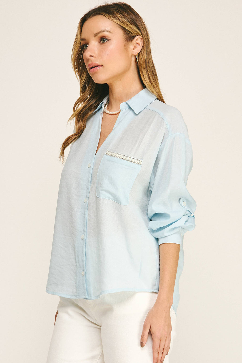PEARL POCKET RELAXED BUTTON DOWN BLOUSE