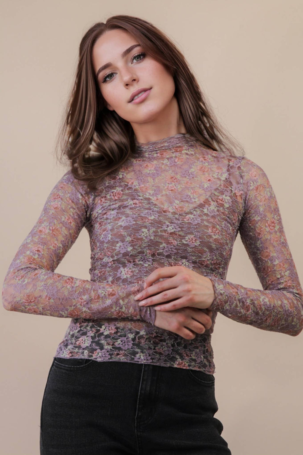 High Neck Fitted Floral Lace Top