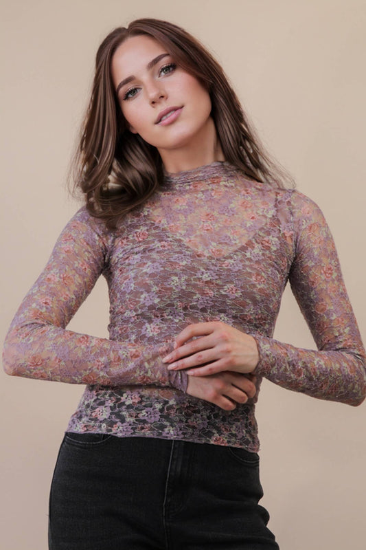 High Neck Fitted Floral Lace Top